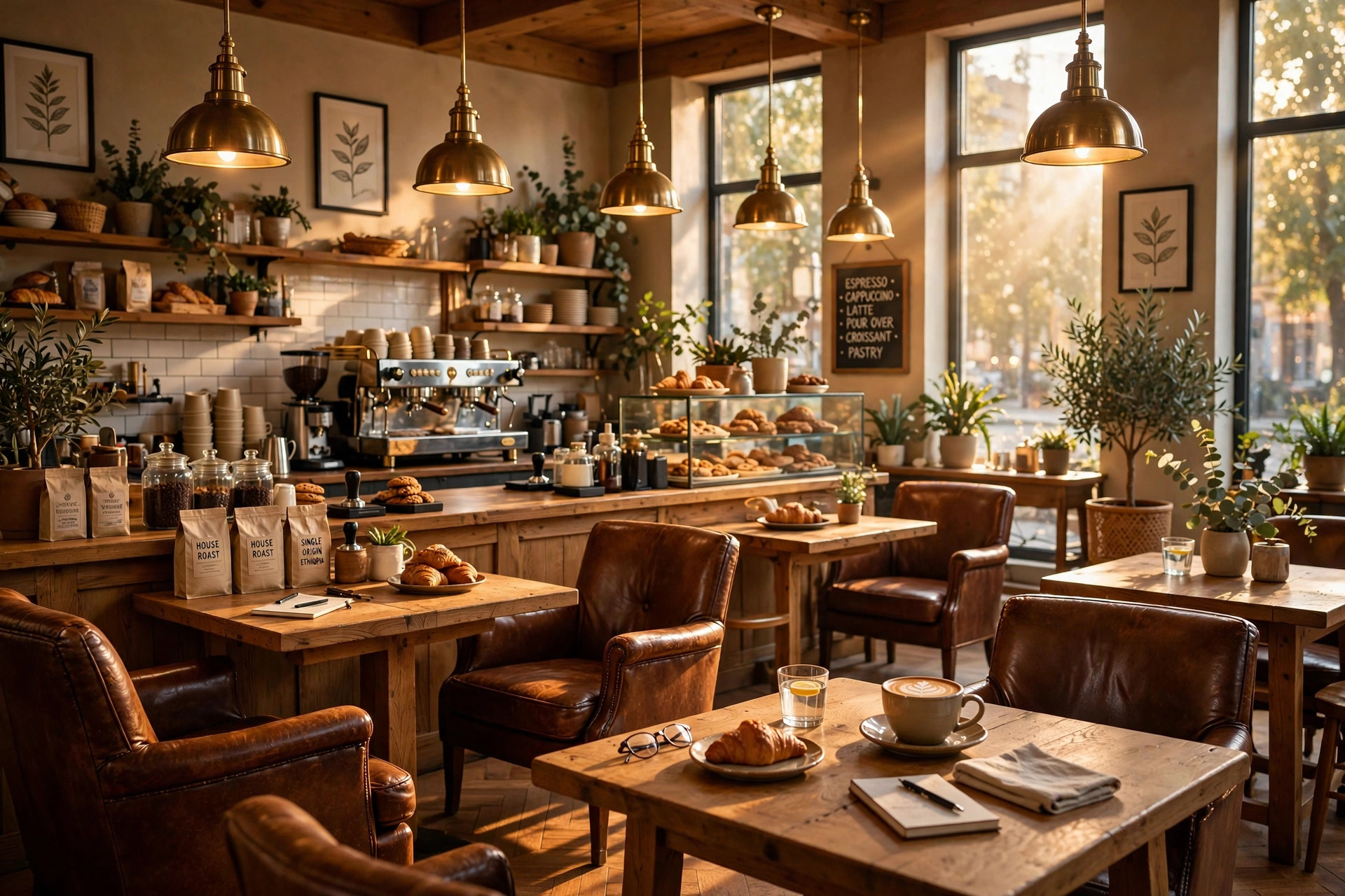 Warm, cozy interior of Common Good Harlem coffee shop with wooden tables, leather chairs and espresso bar