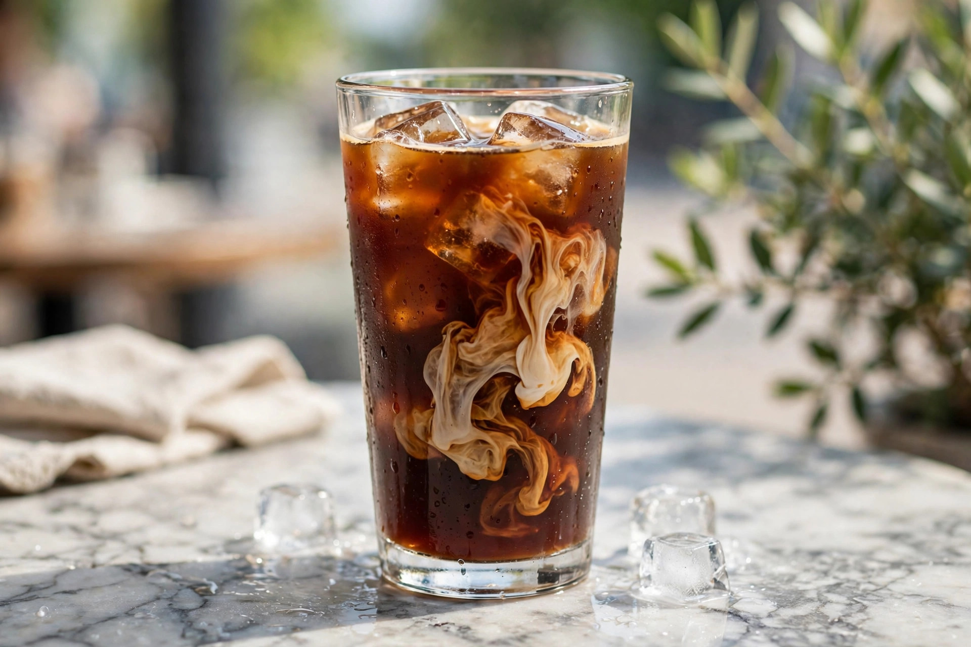 Iced cold brew coffee with condensation at Common Good Harlem