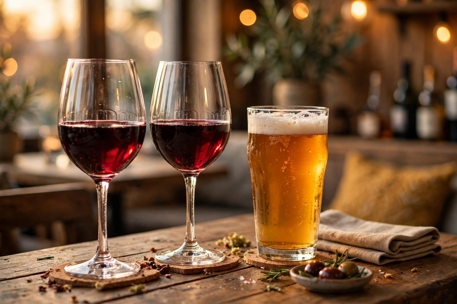 Happy hour at Common Good Harlem — beer and wine being poured in a warm bar setting