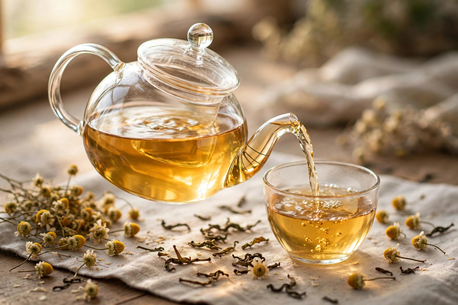 Hot tea being poured into a glass teapot at Common Good Harlem